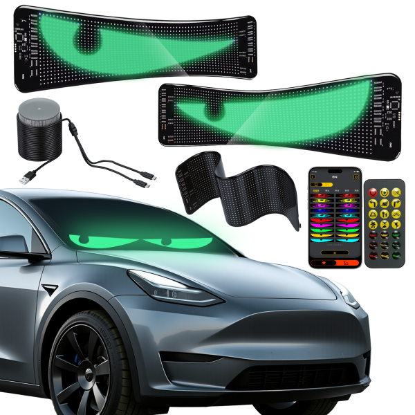 Dual LED Eyes for Car Windshield, 14.72"x3.62"Full Color Programmable Dynamic LED Sign, IP65 Waterproof Flexible Panel with APP, Remote Control & Car Charger for Sedan SUV Truck(2-Pack)
